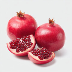 Vibrant pomegranates, whole and halved, display juicy seeds against a bright, clean backdrop