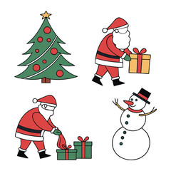 Christmas Cartoon Icons Santa, Snowman, Tree, gift box, Reindeer Vector Set on white background. Christmas Holiday Icons