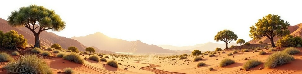 Deserted forest landscape on white background, empty space, desert, forest