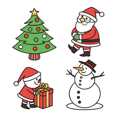 Christmas Cartoon Icons Santa, Snowman, Tree, gift box, Reindeer Vector Set on white background. Christmas Holiday Icons