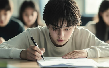 Close-up of a focused student, diligently taking notes during a classroom exam. Blurred classmates are visible in the background