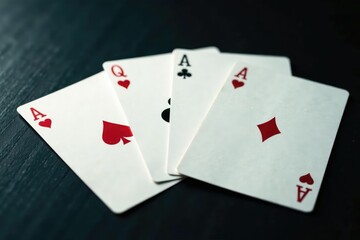 Four aces spread on a table forming a distinct pattern , royal flush, table