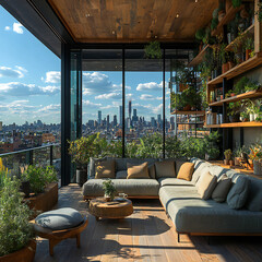 A peaceful rooftop garden with city views, plants, and relaxing lounge furniture