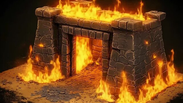 An ancient stone gate engulfed in dramatic flames, ideal for illustrations of epic destruction or dark fantasy scenes.