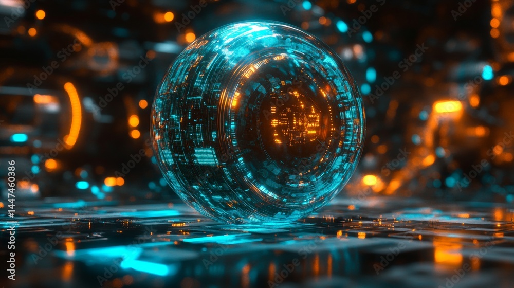 Poster global network futuristic tech orb with circuitry symbolize connectivity and innovation, 3d render