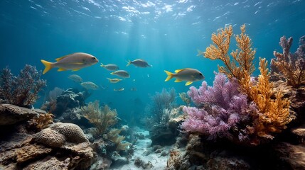 Obraz premium Vibrant marine life in a tropical coral reef ecosystem with schooling fish