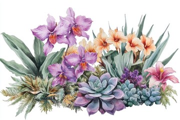 Watercolor botanical arrangement of orchids, succulents, and other flowering plants.  A vibrant display of pastel purple orchids, peach-orange flowers, and various succulents, with lush greenery