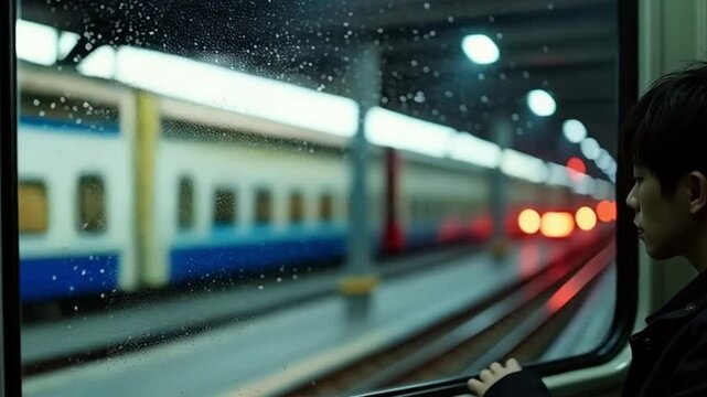 A lone passenger rides a quiet train through the city at night. Raindrops trace the windows as blurred lights pass by, capturing the stillness and inner reflection of a lo-fi journey.