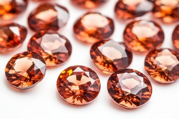 Close-up view of numerous round, reddish-brown gemstones.