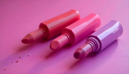 different shiny lipsticks in tubes on purple