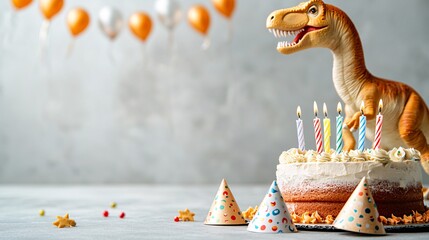 birthday party with dinosaur concept. Dinosaur Birthday Cake with Colorful Candles and Balloons