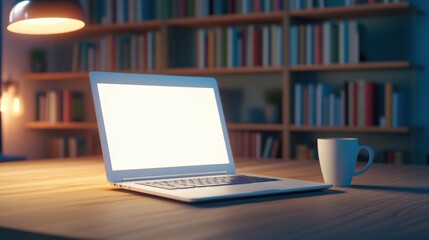 Fototapeta premium Laptop with blank screen on table in Modern library or bookstore interior with Learning and coworking space,relax zone,Library with rows of bookshelves,school or university,education concept.