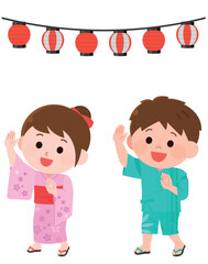 盆踊りを踊る男の子と女の子　提灯の飾り　イラスト