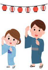 Obraz premium 盆踊りを踊る男女 提灯の飾り イラスト