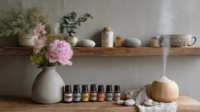 An array of essential oils displayed on a wooden shelf with a diffuser emitting serene mist surrounded by fresh flowers and pebbles to enhance tranquility.