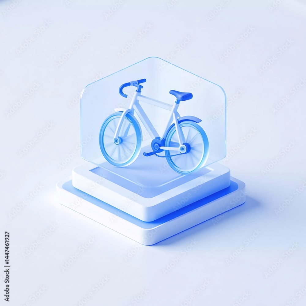 Poster 青と白の自転車が立方体状のプラットフォームに展示されたミニマルな3dグラフィック