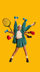 Excited young woman with dumbbells, jump rope, boxing gloves, tennis racket and phone in multiple hands against bright yellow background. Concept of sport, fitness, workout. Composite collage