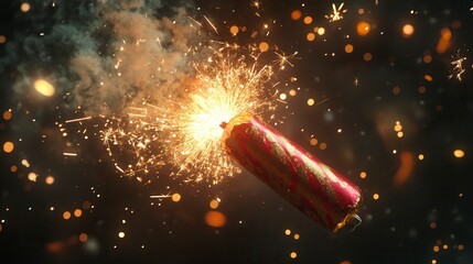 A red firework exploding with sparks and smoke against a dark background.