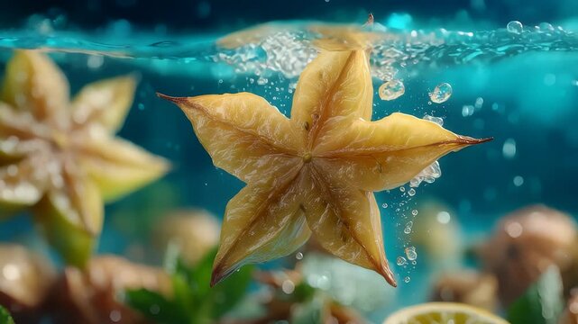 Star Fruit Splashing into Turquoise Water
