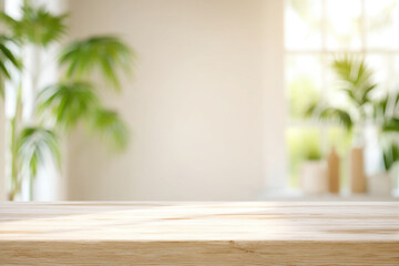 Wooden table top in bright, airy space with plants and natural light in the background