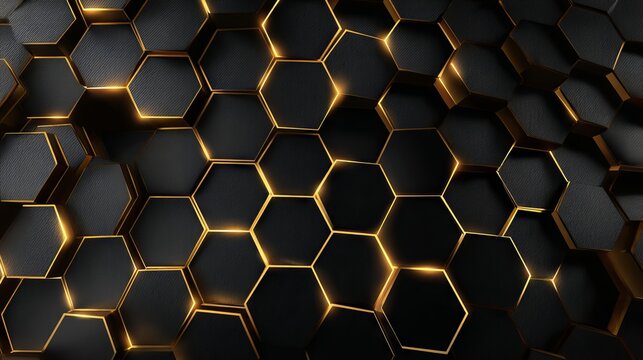 Elegant dark hexagonal carbon metal background with luminous gold matrix lines, seamless 3D geometric texture banner ideal for luxury technology branding and modern wedding stationery