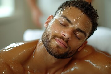 Man receiving an oil massage, eyes closed, bearded, relaxing