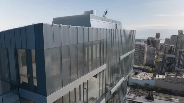 Rotating views of a modern skyscraper balcony with a small tree in a pot and its rooftop with hvac units, showing the cityscape in the background