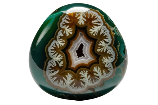 Polished agate stone with a geode center and concentric bands isolated on a transparent background
