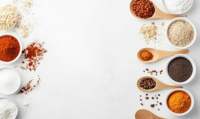 Obraz premium Colorful Assortment of Spices and Herbs on White Background