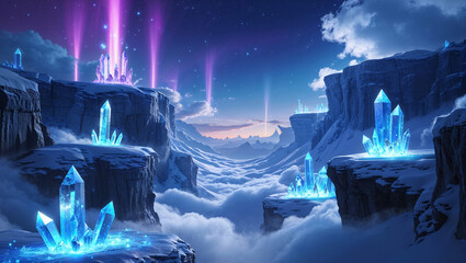 Crystal formations in a snowy mountain valley above the clouds fantasy scene