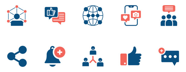 Social Media Communication Icon Set  Flat icons representing likes, sharing, messaging, networking, and alerts. Perfect for digital marketing and mobile apps.