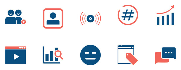 Social Media and Digital Communication Icon Set.A modern flat icon set depicting social media growth, digital marketing, online communication, analytics, and user interaction tools for web and app  