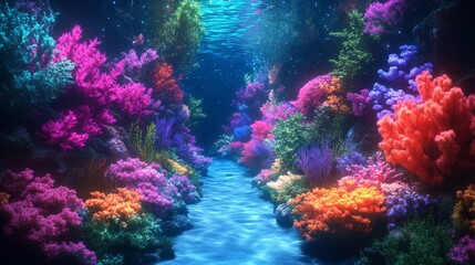 Vibrant coral reef passageway in the deep ocean.