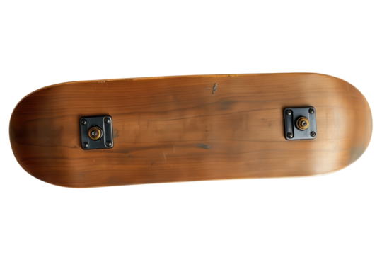 Underside of a wooden skateboard isolated on a transparent background