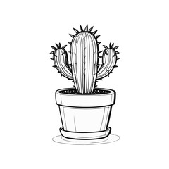 Cute potted cactus line drawing, simple succulent plant illustration in decorative flowerpot