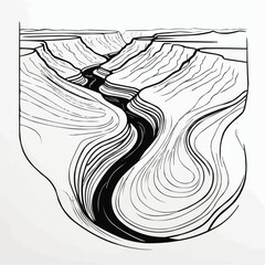 Winding river through canyon landscape, topographic map style illustration in black line art