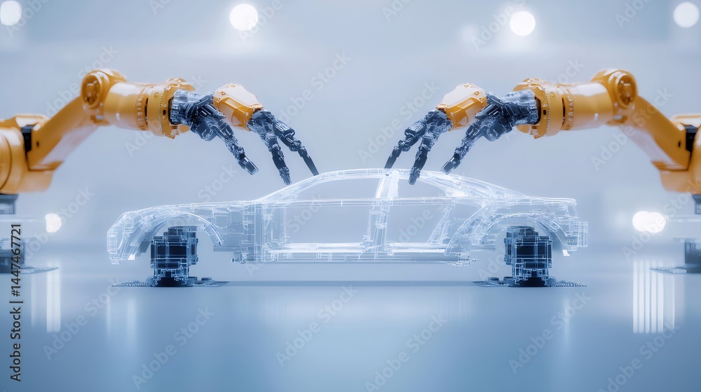 Aufkleber 自動車製造工程を示すロボットアームと未来的な車両構造 青い背景のデジタル技術による組み立て