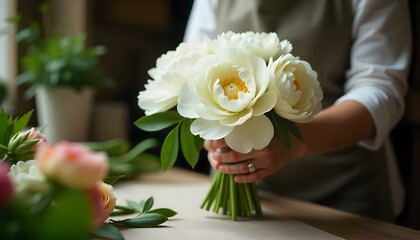cropped view of florist making bouquet of white peonies at workspace
