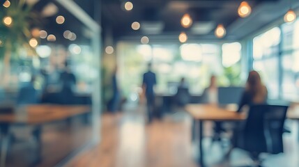 Blurred office interior modern workspace design abstract background team desk soft table light bokeh
