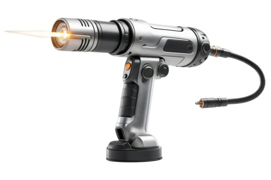 Sleek handheld blowtorch with a brilliant glowing flame isolated on a transparent background