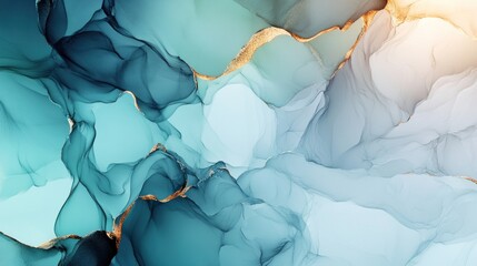 Fototapeta premium Abstract ink painting featuring fluid, blended teal, blue, and beige hues.