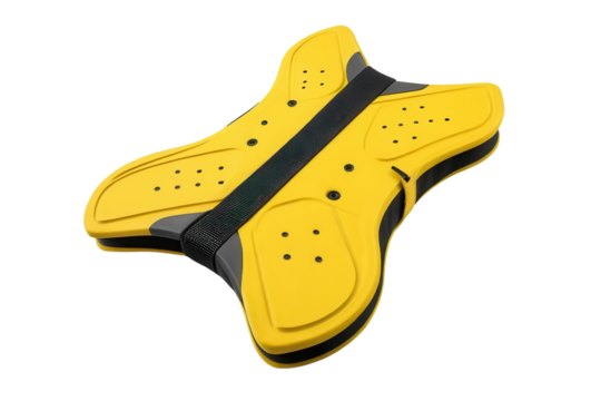 Yellow back protector with black straps for safety gear isolated on a transparent background