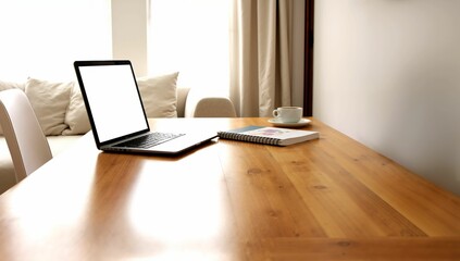 Modern workspace featuring a sleek laptop on a wooden table, minimalistic design, great for professional or creative use.
