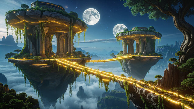 Fantasy landscape floating islands illuminated bridges and moonlit sky serene environment - Powered by Adobe
