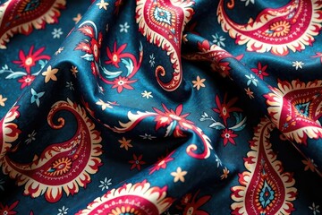 Large-scale paisley print on luxurious silk-like material , curve, brown, drape