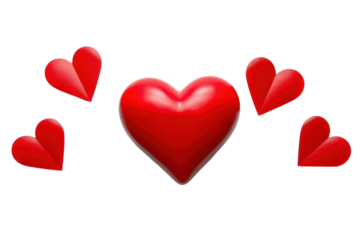 Red hearts with folded paper wings for love and romance isolated on a transparent background
