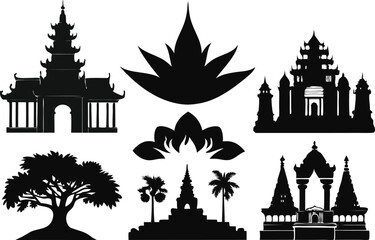 Obraz premium Cambodia Flag and Map Silhouettes. Cambodia Landscape and City Silhouettes. Cambodia Flower and Nature Silhouettes. Cambodia Culture and Scenery Silhouettes