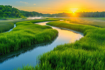 Experience breathtaking beauty of charming vibrant marshland at sunrise, where gentle glow of sun illuminates peaceful wetlands and winding waterways, creating charming harmonious and serene natural l