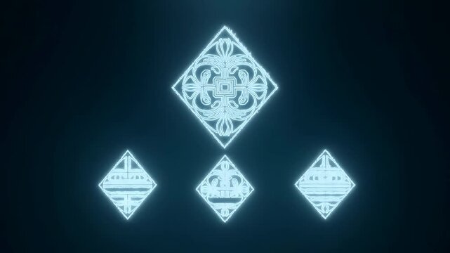 Four glowing blue diamond symbols with intricate patterns on a dark backdrop.