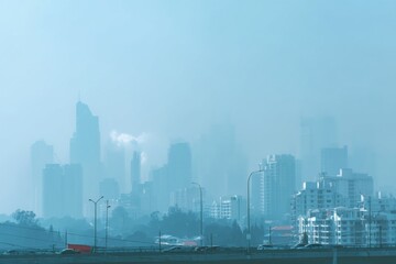 Fototapeta premium Urban Scenery with Tall Buildings in Hazy Weather, View from Overpass with Cars Moving on Road, Cityscape Under Fog